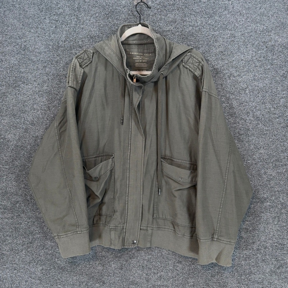 American Eagle Jacket Mens XL Green Hooded Utility Military Field Bomber Coat